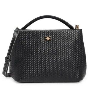 Dressy Black Woven Leather Satchel w/ Top Handle & Crossbody Strap - Sam Edelman